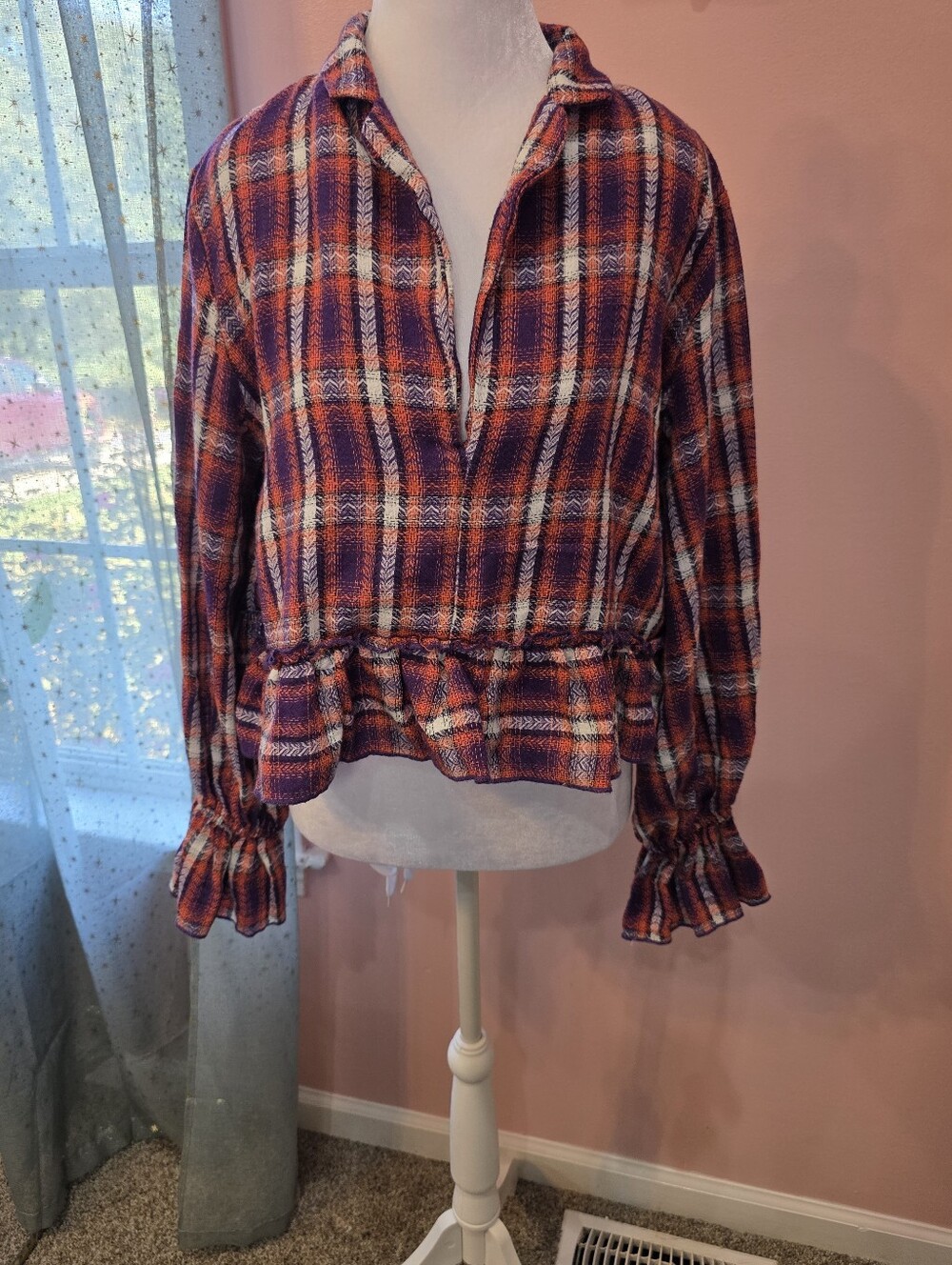 Bucket List Purple Orange Plaid Ruffle Gameday Blouse Clemson Colors